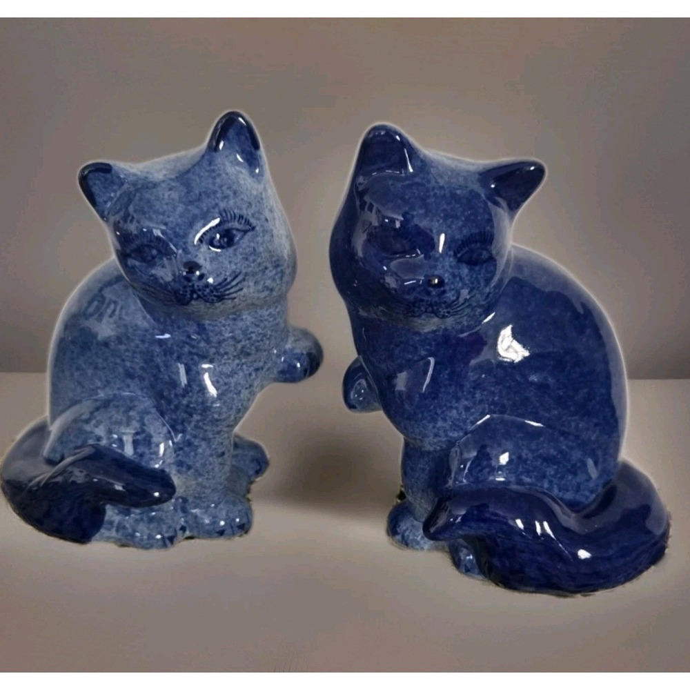 Vintage Blue Ceramic Cat Figurines Pair 7" Cobalt Speckled Pottery Home Decor